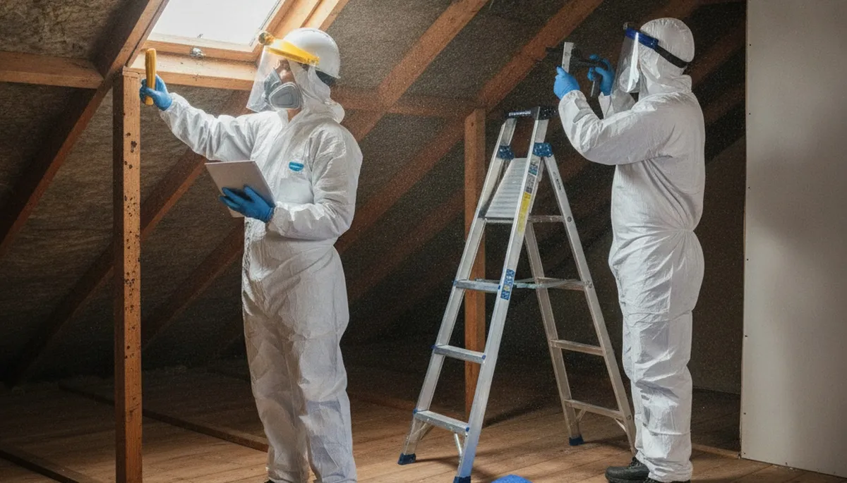 Mold inspection technician in Moreno Valley, CA assessing hidden moisture damage in a home