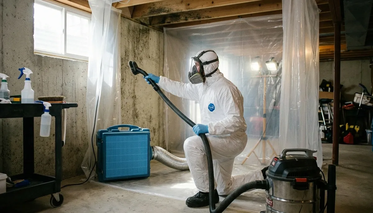 Mold removal technician inspecting water damage in a Moreno Valley, CA home