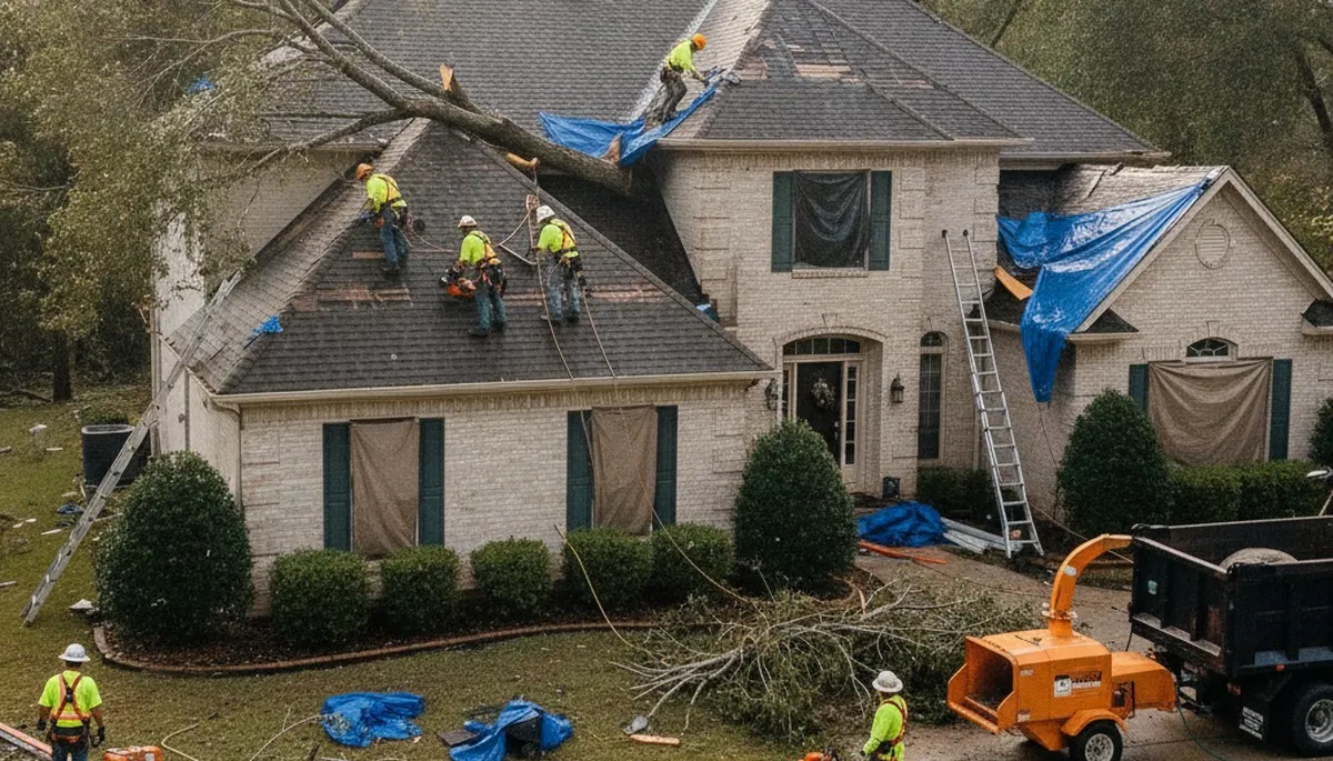 Storm damage restoration crew in Moreno Valley, CA repairing water damage after flooding