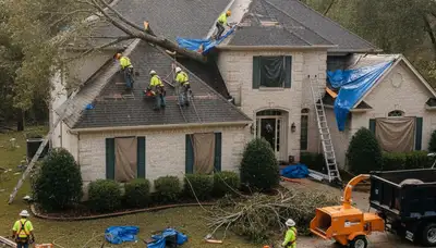 Storm damage restoration crew in Moreno Valley, CA repairing water damage after flooding