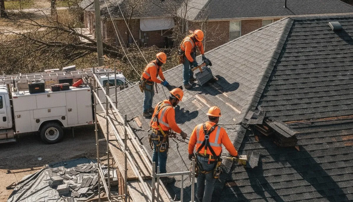 Storm damage restoration crew in Moreno Valley, CA repairing water damage after flooding