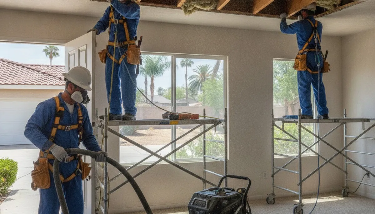 Water damage restoration team in Moreno Valley, CA inspecting flood damage in a home
