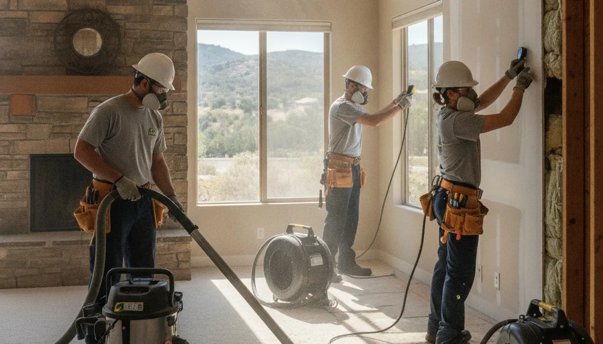 Water damage restoration crew serving Moreno Valley, CA with professional cleanup and drying equipment