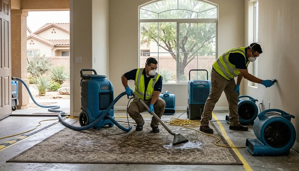 Water damage restoration team in Moreno Valley, CA inspecting and drying a damaged property