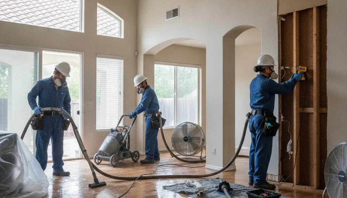 Water damage restoration team in Moreno Valley, CA repairing flooded property and drying water damage