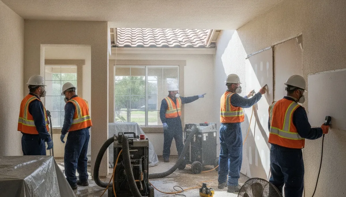 Water damage restoration team in Moreno Valley, CA repairing a flooded property