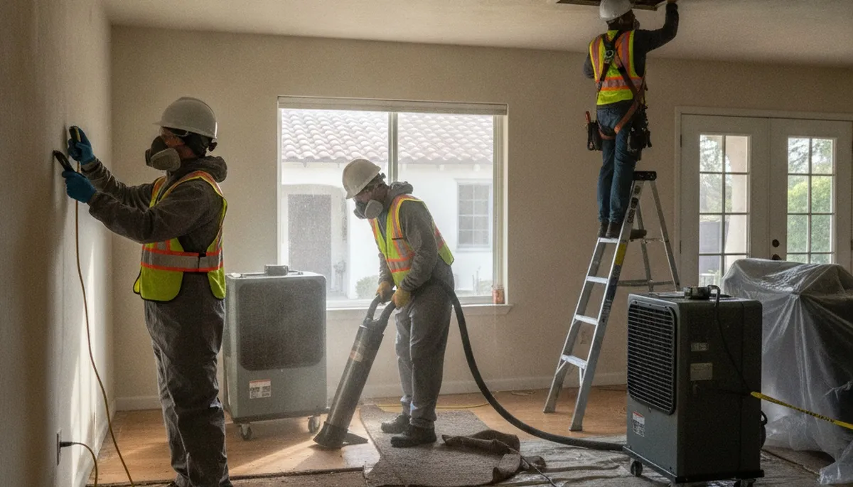 Water damage restoration team in Moreno Valley, CA inspecting flood damage and drying property