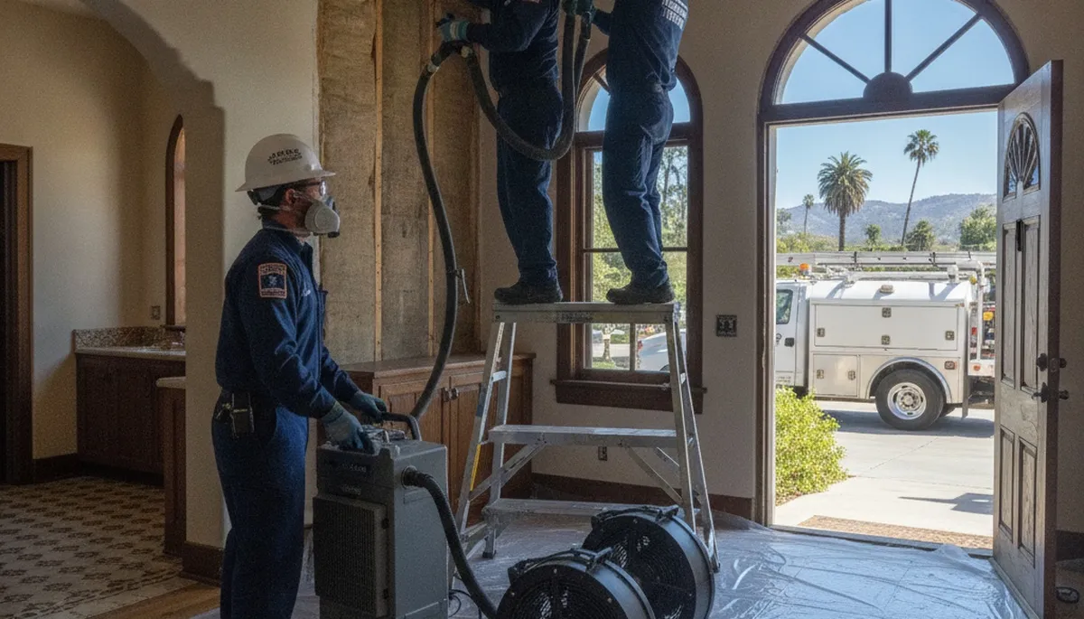 Water damage restoration team in Moreno Valley, CA inspecting property damage and cleanup area