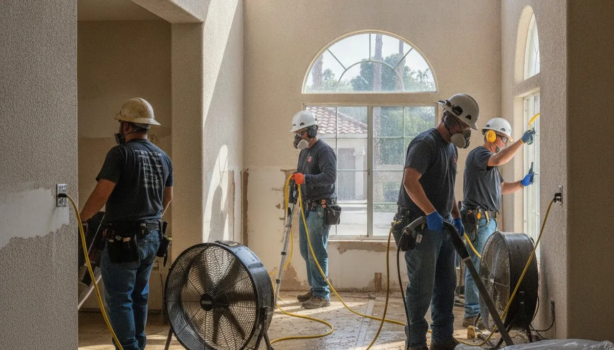 Water damage restoration crew in Moreno Valley, CA inspecting a damaged property and cleanup area
