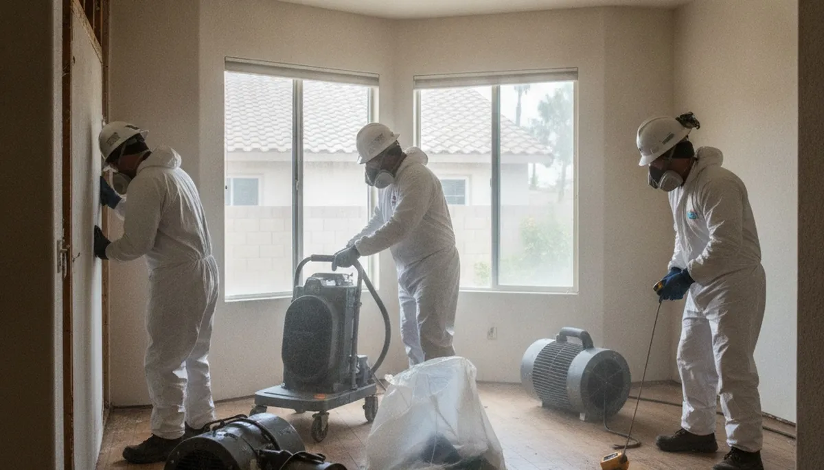 Moreno Valley, CA water damage restoration team inspecting flood damage in a commercial building