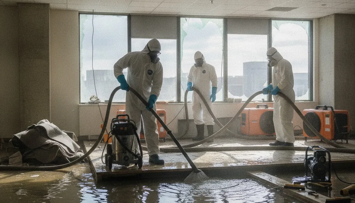 Water extraction team removing standing water in Moreno Valley, CA home after a leak or flood