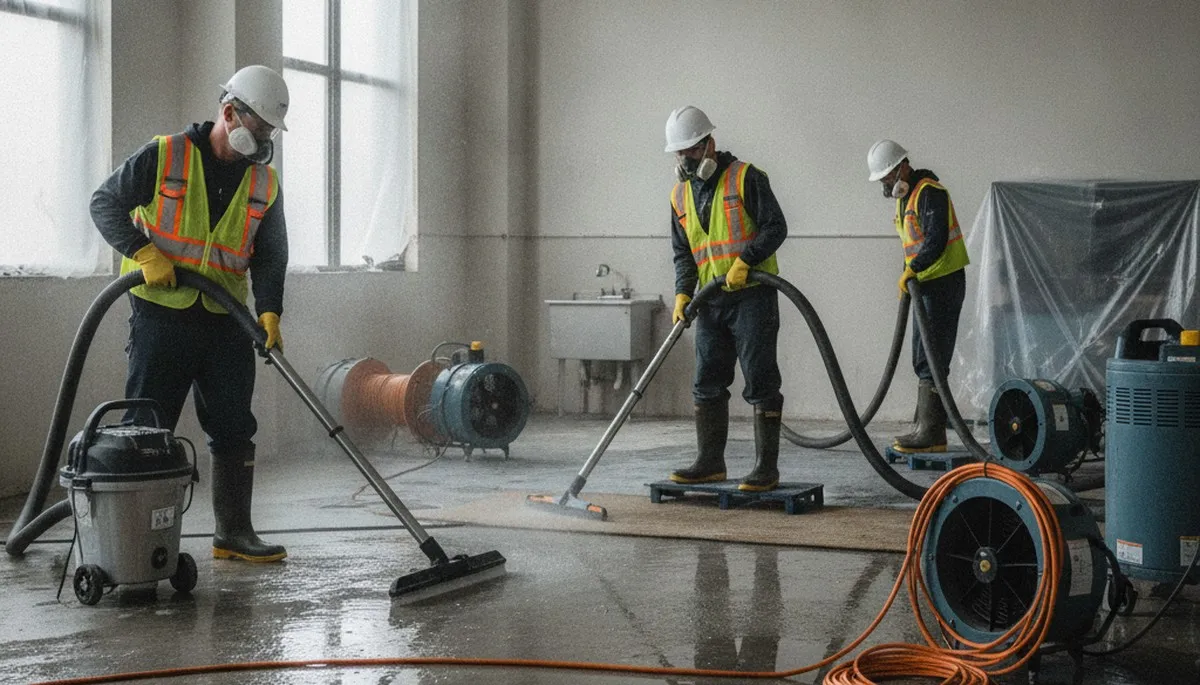 Water extraction crew removing standing water in Moreno Valley, CA home after a leak or flood